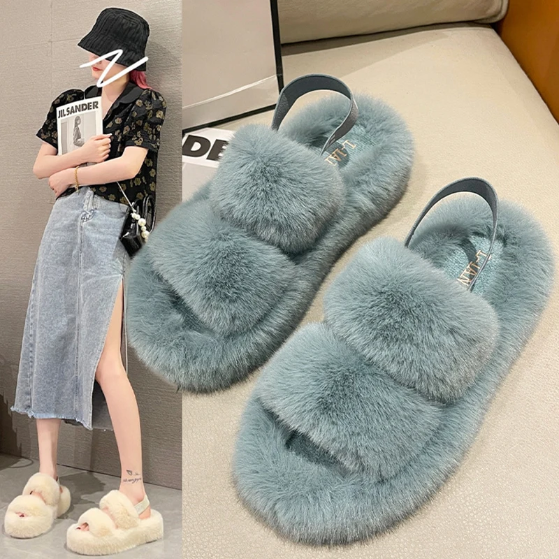 Mulheres Fuzzy Sliipers para o Inverno Escorregar no Quente de Moda Bonito Home Indoor Sandálias Elegantes Fofo Dedo do pé Aberto Flip-Flops Andar de Sapatos