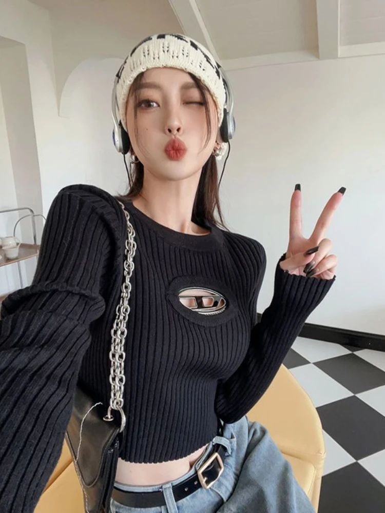 Deeptown coreano Moda Cropped Camisola das Mulheres do Vintage Hip Hop Sexy Slim Ocos Pulôver Casual Chic Malhas Y2K Tops Grunge