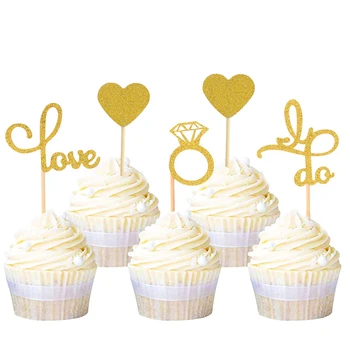 12pcs Glitter Casamento Cupcake Toppers Anel de Diamante que eu Faço Cupcake Topper para Casamento Noivado Chuveiro Nupcial Decorações de bolos