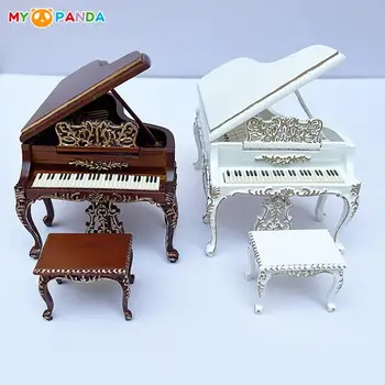1Set 1/12 Casa de bonecas de Simulação de Madeira Esculpida, Piano Piano Fezes Mini estilo Europeu Modelo de Piano Cena Decoração do ambiente de Trabalho Ornamento