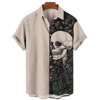 2023 Crânio 3D de Impressão Digital Camisa Havaiana Verão masculina de Manga Curta Harajuku Top de grandes dimensões Camisa