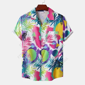 2023 Verão Cor De Folha De Impressão De Camisa Havaiana Homens Verão De Manga Curta Praia Aloha Camisas Para Homens Casuais Botão Até O Bolso Da Camisa Masculina