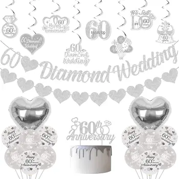 60º Diamante bodas de Prata Decorações com forma de Coração de Impressão Balão, o Brilho do Amor e Banner Pendurado Redemoinhos