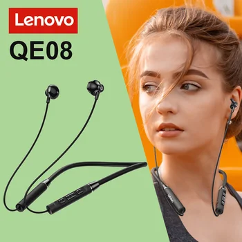 A Lenovo QE08 Decote Fones de ouvido Bluetooth Com Microfone de Cancelamento de Ruído Fones de ouvido Sport Jogos de Música Fones de ouvido