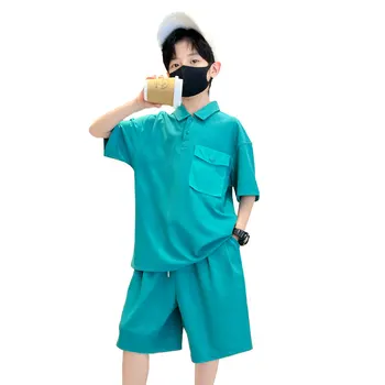 A moda Meninos Conjuntos de Vestuário Azul Cor Branca Camiseta + Shorts de Duas peças coreano Legal Soltos Roupas para Adolescentes de 5 14Years de Idade