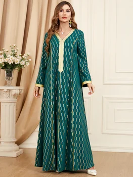 Abaya Para as Mulheres Ramadã Dubai Islâmica Árabe Mulheres Manto de Moda de Emenda Abaya de manga Longa Vestido das Mulheres de Primavera Vestido de decote em V