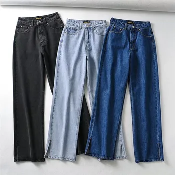 Azul Jeans para Mulheres de Cintura Alta Jeans, Calças de High Street Calças coreano Moda Solta SpringCasual calça Jeans Reta