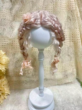 Boneca Perucas para Blythe Qbaby Mohair cor-de-Rosa tranças duplas rolos de 9 a 10 polegadas cabeça circunstância