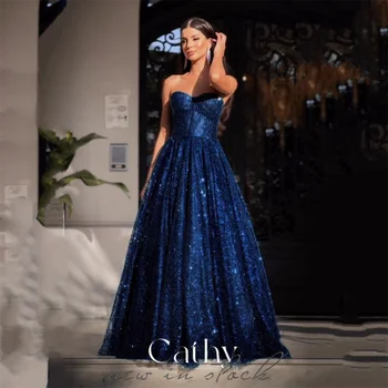 Cathy Brilhante Safira Azul Vestidos De Noche Glitter Sweetheart Uma linha de Piso Comprimento Vestido de Baile 2023 Sexy de Uma linha de فساتين السهرة