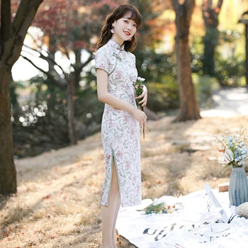 Cheongsam Chinês Tradicional Vestidos para Mulheres Fenda Verão Vintage de Manga Curta, estampa Floral Slim Senhoras Sexy Vestido Qipao 2022
