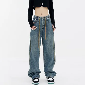 Cintura alta Cordão Largas calças de Brim das Mulheres Estilo coreano Sping Verão as Mulheres do Streetwear de Jeans, Calças Wide-leg Y2k Moda Calças