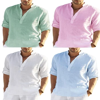 cor-de-rosa 2022 Nova empresa, masculina Casual Blusa de Algodão Camisa de Linho Solta Tops de Manga Longa Camiseta Primavera, Outono Casual Bonito Camisas masculinas
