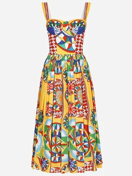 De verão, a Designer de Moda Vintage Padrão Impresso Funda Vestidos das Mulheres da Praça de Colarinho Elástica da Cintura de UMA LINHA de Algodão Vestido Longo