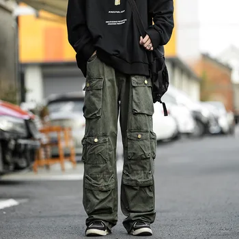 DEEPTOWN Clássico de Carga Solta Calças de Algodão para Homens Bolso Streetwear Hippie Japonês Casual Calças Masculinas Harajuku Wide Leg Pants