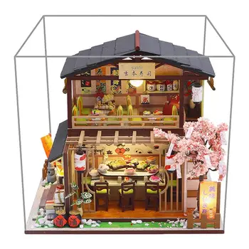 DIY em Miniatura Casa de bonecas Kit à prova de Poeira DIY Mini Casa de Sushi Japonês Loja de Casa de bonecas de Madeira Para Adolescente Com Mão-controlado Bateria