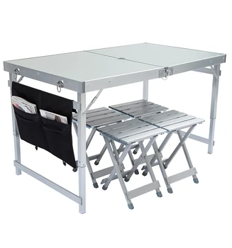Dobrável mesa ao ar livre e conjunto de cadeira de alumínio tabela de campismo Estável ajustável em Altura com quatro banquinhos de rolamento 150kg