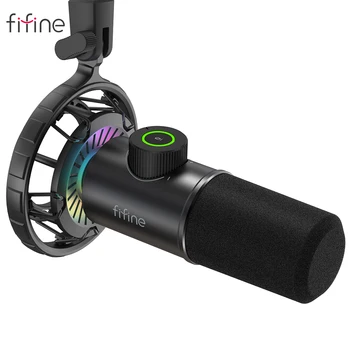 FIFINE Microfone Dinâmico para windows&portátil,Microfone USB para Jogos com o Toque-de-Botão Mute/RGB Luz/Fone de ouvido -K658