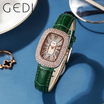 GEDI Impermeável Oval com Strass Mulheres Relógios de Luxo Marcação Romana Pulseira de Couro Moda Senhoras Quartzo Relógio de Pulso, Relógio