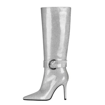 Glitter Prata de Salto Alto, Botas de Couro para Mulheres Fivela de Metal Pontiagudo Dedo do pé Fino Salto de Moda feminina Sapatos Stilettos Sexy Botas