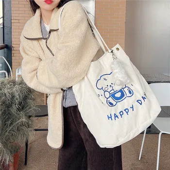 Japonês coreano de veludo de botão de quatro do sexo feminino saco de urso bonito literária bordado saco de ombro aluno portátil escola saco de compras