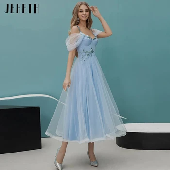 JEHETH 3D Azul Flor Vestido de Baile Pastrol Applqiue Beading Tule Vestido de Noite de Uma linha de Cintas de Espaguete Festa Querida فساتين