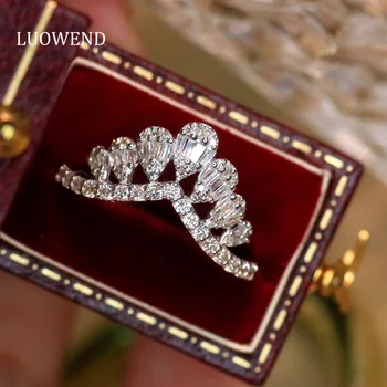 LUOWEND Ouro Branco 18K Anéis Real de Diamante Natural Romântico Coroa em Forma de Anéis de Casamento para as Mulheres, a Festa de Noivado de Presente de natal