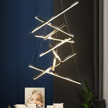 Lustre moderno e minimalista sala villa pick vazio minimalista personalidade longa tira de linha preta duplex escada de lâmpadas