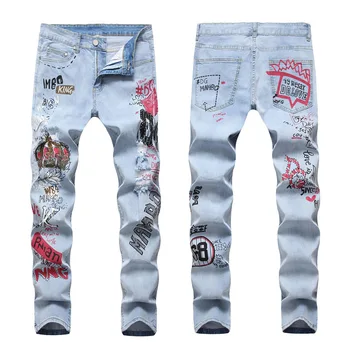 Moda Carga Confortável Luxo Coroa Designer de Jeans para Homens Impressão 3D de Bordado de Hip Hop Angustiado Casual Calças Masculinas