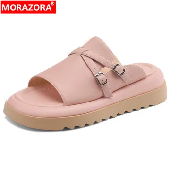 MORAZORA Nova Couro Genuíno Plataforma Chinelos de quarto Fivela de Verão Senhoras Sapatos Modernos, Casuais Sapatos Mulheres 2023