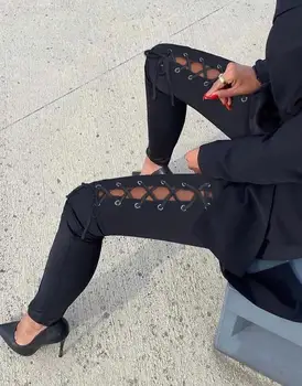 Mulheres de Calças de 2023 Verão de Moda de Nova Sólido Cintura Alta Slim Fit Luva Orifício Lace-Up Calças Skinny Personalizado Y2K Roupas