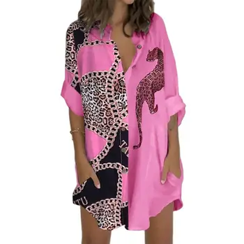 Mulheres De Lazer Casual Leopard Cadeia De Impressão Abotoado Design De Bolso Vestido Curto Feminino Elegante Camisa De Vestido