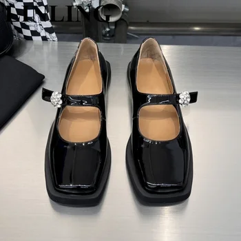 Mulheres de pés Quadrados de Couro de Patente Flats Crystal Fashion Pulseira de Fivela Casual Designer de Sapatos de Senhoras Mary Janes Superficial Sapatos de Mulher