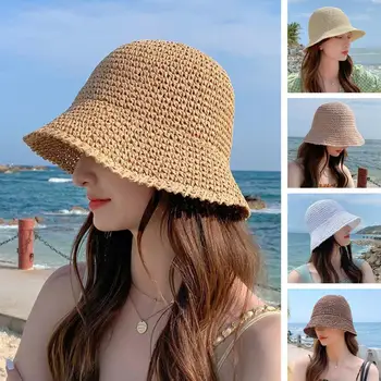 Mulheres De Verão Sólido De Cor De Tecido De Palha Balde, Chapéu De Sol Dobráveis Aba Larga Oco Respirável Chapéu Protetor Solar