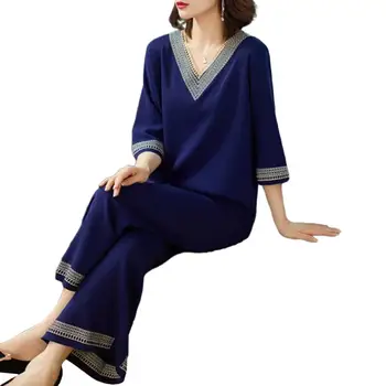 Mulheres Ternos Elegantes, Confortáveis 2pcs/set de Pescoço de V Ternos de meia-idade de Moda com Um Toque Minimalista Suave Respirável Ternos