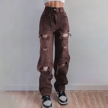 Novo Cintura Alta Ripped Jeans de Moda feminina de Hip Hop Solta calças de Brim das Mulheres Calças Vintage Feminino Rasgado de Jeans, Calças de Streetwear