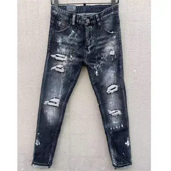Os homens da Alta Moda de Rua do Buraco Pintadas com Spray Jeans da Moda Moto&Motociclista Casual Tecido Denim, Calças de C010