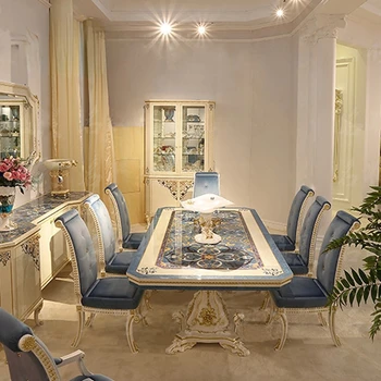 Retro azul verniz de colagem shell de 2,5 metros mansão de luxo esculpida mesas de jantar e cadeiras