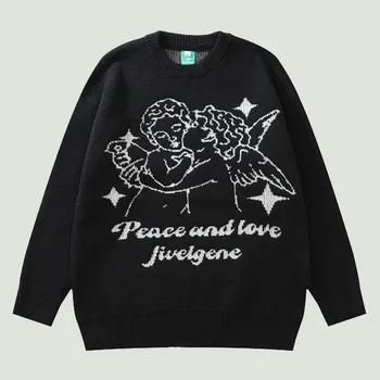 Streetwear Blusas De Malha Mens Anjo Impresso Jumper 2022 Outono Hip Hop Harajuku Oversized Casual O-Pescoço Pulôver Unissex Preto