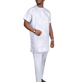Sólido Branco dos Homens de Definir Verão Curto Tops de Manga Com Elástico na Cintura da Calça Longa Carcela de Camiseta Nigeriano Moda Masculina Roupas de Casamento