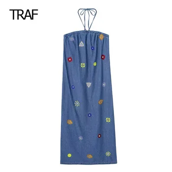 TRAF Midi Bordado Vestido de Vestidos de Verão Para as Mulheres 2023 Halter sem encosto Soltas Azul Slip de Vestido Feminino, o Vestido de Uma peça