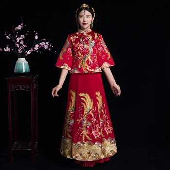 Vestido de noiva Retrô e Gola em Pé de Manga Três Quarto Qipao Tradicional Chinesa Tang Terno Xiuhe o Envolvimento das Mulheres Vestido
