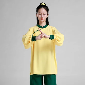 Wushu Roupas Arte Marcial Uniforme De Kung Fu Dress Tai Chi Roupas Amarelas E Verdes Menina Mulheres Kun Mestre De Estilo Chinês Novo 2023