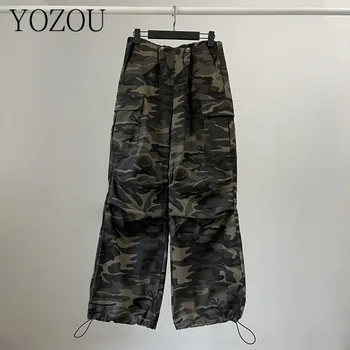 [YOZOU] Algodão Vintage Cordão de Camo Roupa Folgada de Carga de pára-Quedas Calças Gorpcore de Perna Larga Calças Exterior Mulheres Streetwear