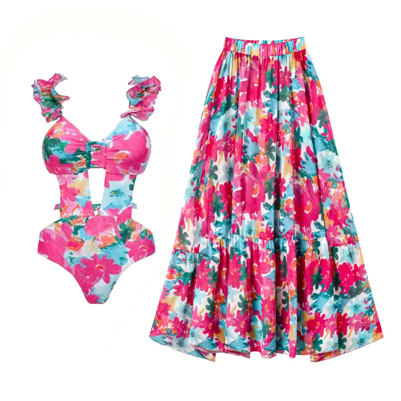 Moda Sexy Férias de Praia de Biquini Mulheres Flor de Impressão Elástico Fino Ocos Lace-up trajes de Banho 2023 Verão