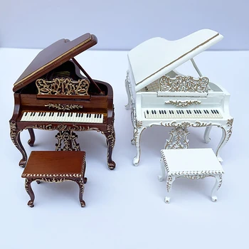 1 Conjunto de 1/12 Casa de bonecas em Miniatura Piano de cauda Modelo com as Fezes Mini Instrumento Musical 1/6 figura de Ação Acessórios bjd