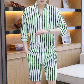 2 Peças De Conjunto De Homens Coreano Moda Listras Verticais Padrão De Roupas Casuais De Verão Mens Shorts Conjunto De 2023 Streetwear Roupas Elegantes
