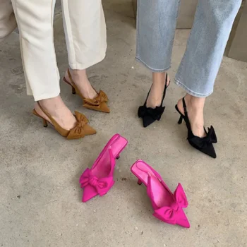 2022 Verão da Marca Mulheres Slingback Sandálias Sapatos da Moda Arco-nó Pontiagudo Dedo do pé Escorregar Senhoras Vestido Elegante Bombas de Sapatos