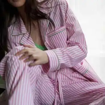 2023 a Primavera e o Verão as Mulheres-de-Rosa Listrado de Algodão Camisa de Calças de Pijama o Terno com o Contraste de Cores