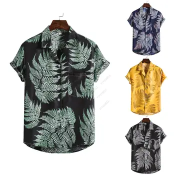 2023 Preto Folha de Impressão Floral Camisa Havaiana Homens de Manga Curta Praia, Camisas para Homens Harajuku Streetwear Casual Camisa Homme 3XL
