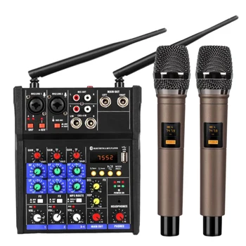 4 Canais de Áudio Mixer Console com Microfone sem Fio de Mistura de Som com Bluetooth USB Mini Mixer Dj+Wireless Karaoke